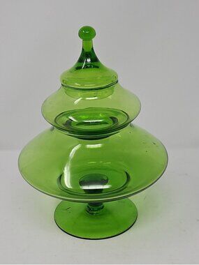 Vintage MCM Empoli 3pc Green Glass Christmas Tree Candy Decor Container Murano